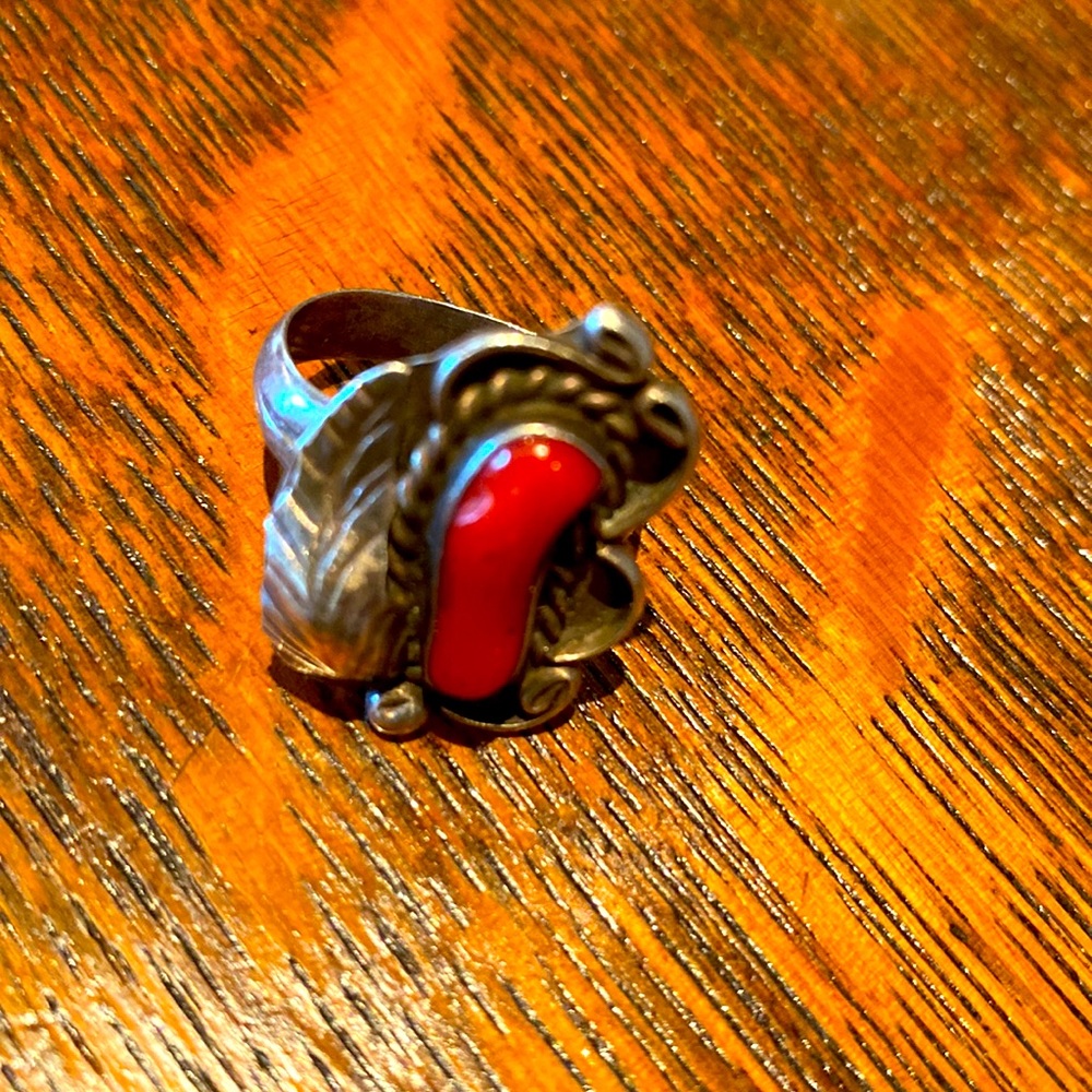 Vintage Native American Ted Castillo red coral sterling ring